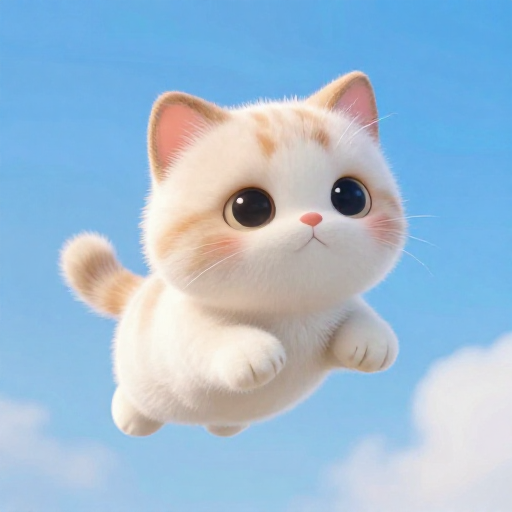 青空と雲の中を飛ぶ、白と薄茶色のふわふわの子猫